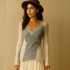 Anthropologie Saturday Sunday Asymmetrical Frayed Lace Fleece Sweater Sz S NWOT